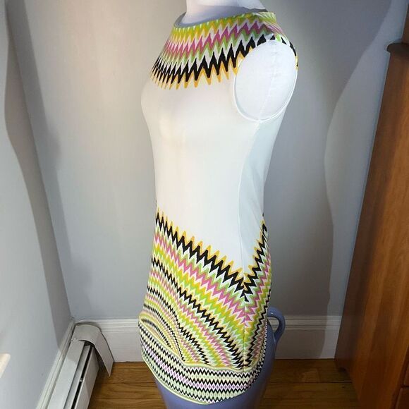 Cap Sleeve Sheath Dress. White with multicolor dopamine zigzag details, 2 - Picture 7 of 10
